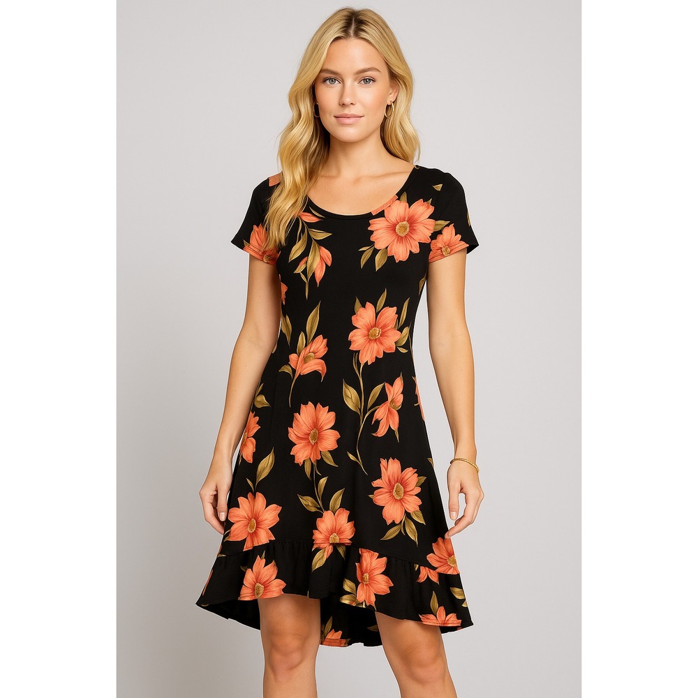 Vintage Hampton Dress Womens 2 Black Short Sleeve Round‎ Neck Floral Layered USA
